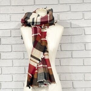Red Tan Cream Plaid Blanket Scarf Oversized Tartan Shawl with Fringe Wrap